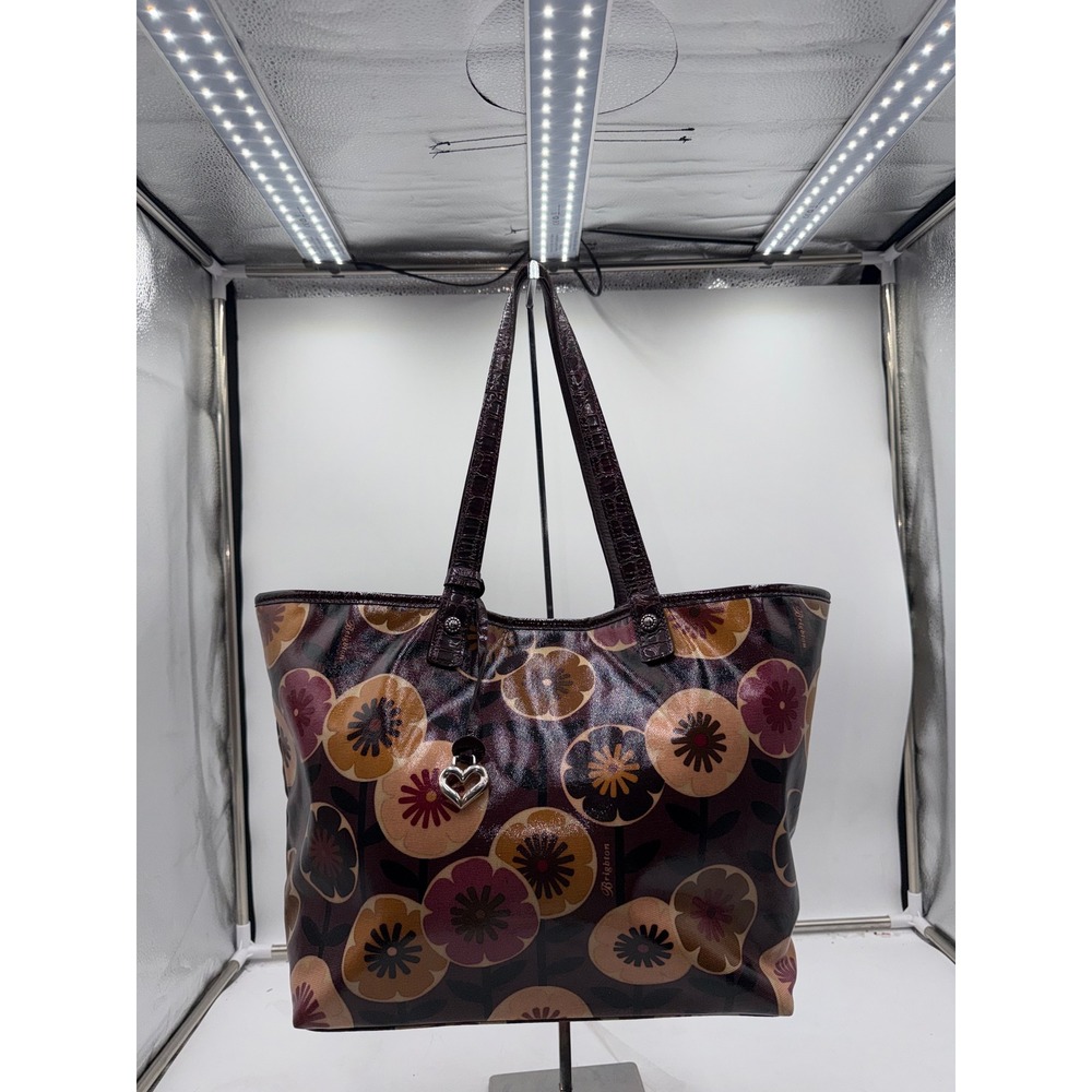 Brighton Floral Coated Canvas Tote Bag Burgundy Croc Embossed Straps D994927